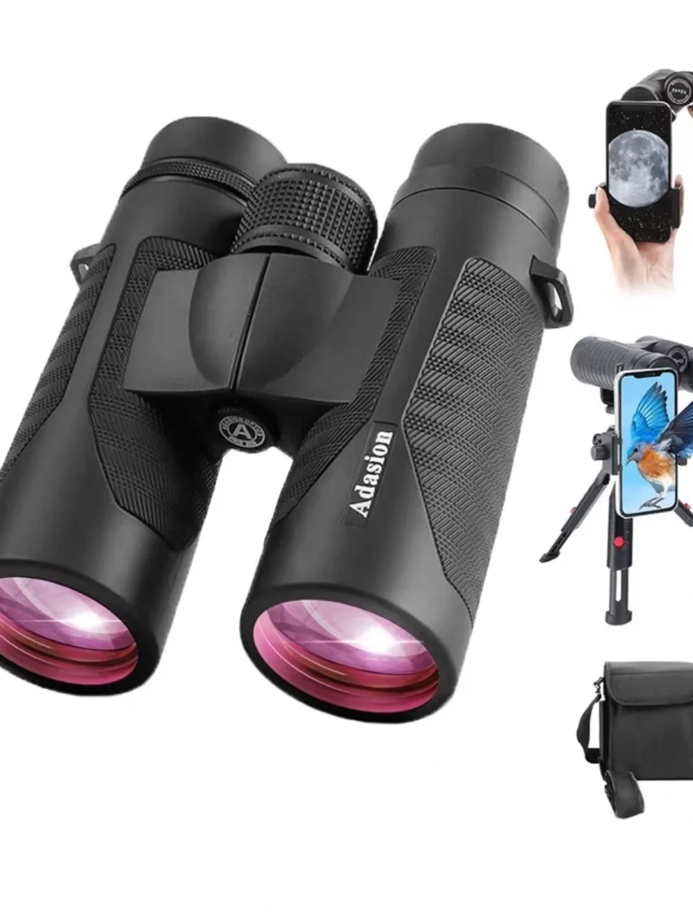 Black 10x42 Waterproof Binoculars with Phone Mount